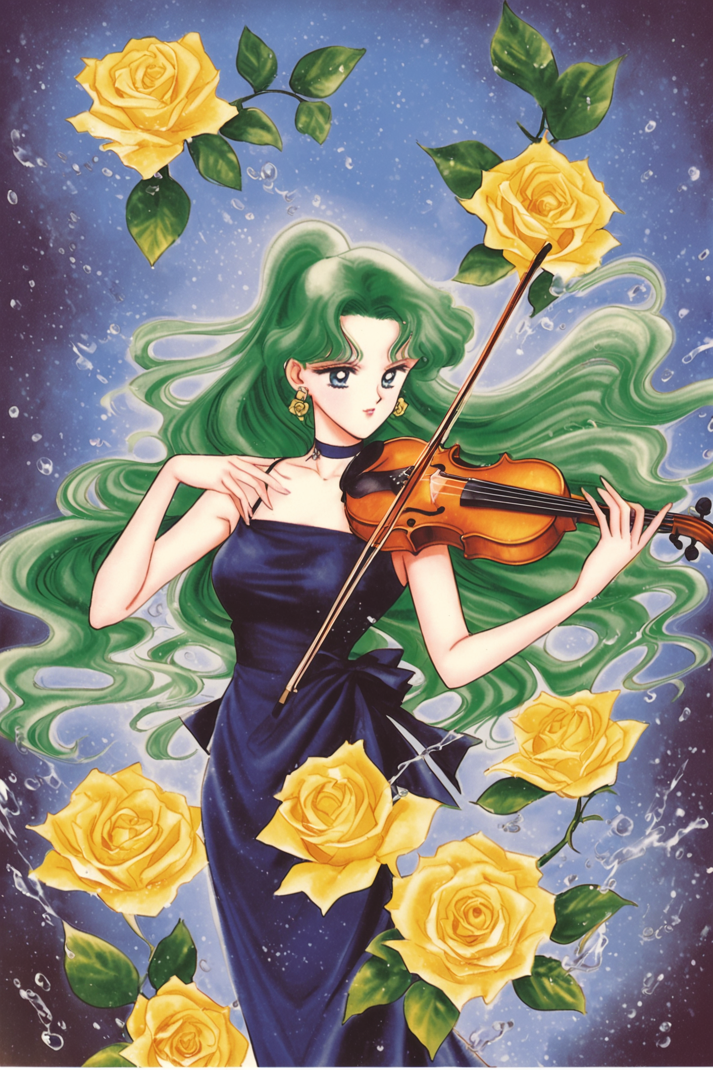 32485-1648637070-1girl,solo,kaiou michiru,instrument,flower,rose,long hair,retro artstyle,choker,water,jewelry,violin,green hair,aqua hair,1990s.png